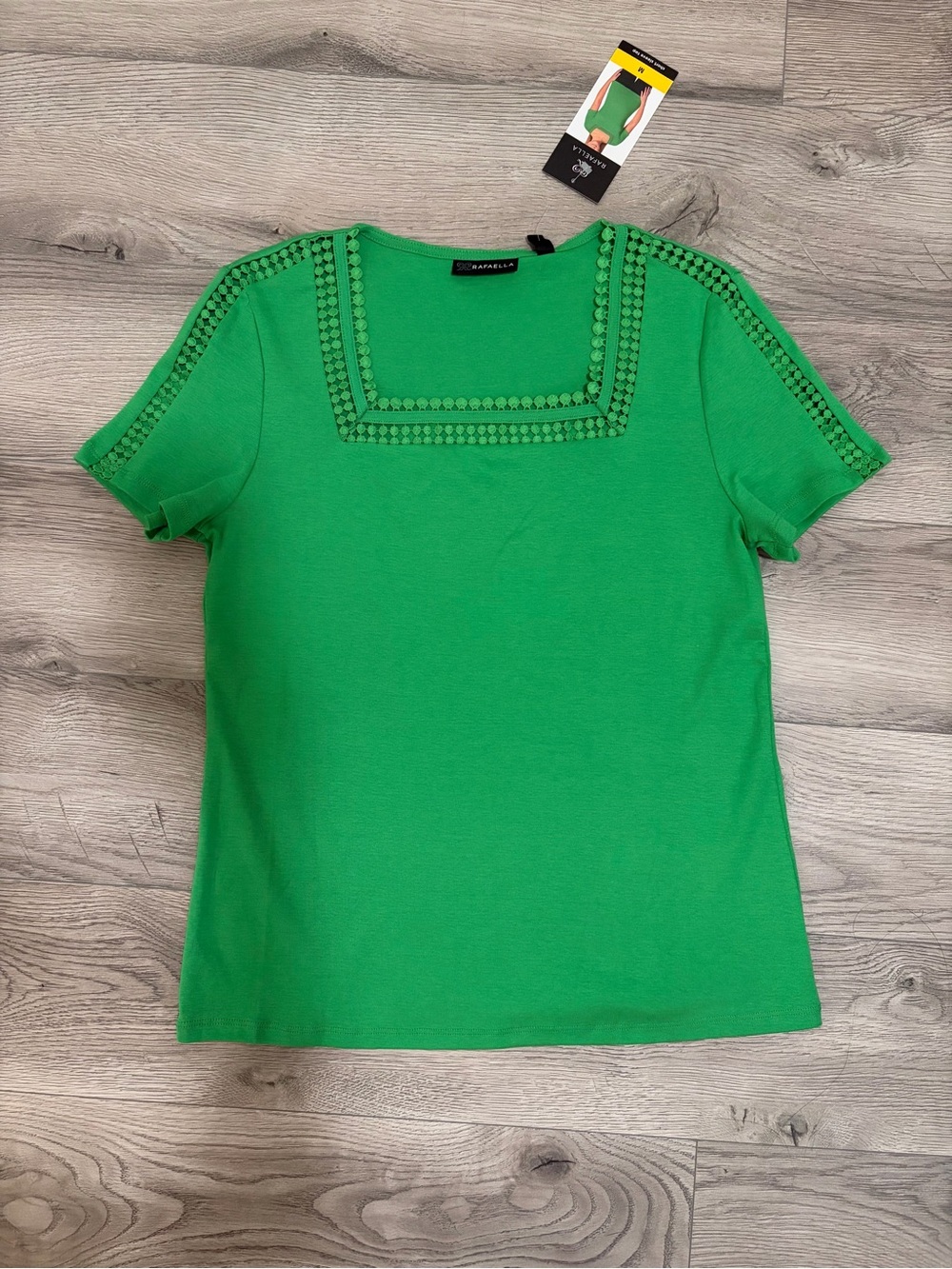 Rafaella Bright Green Short-Sleeve Square Neck Tee with Crochet Trim